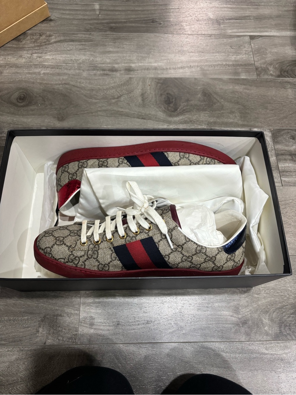 Gucci Beige GG Supreme Sneakers with Red & Navy Stripes